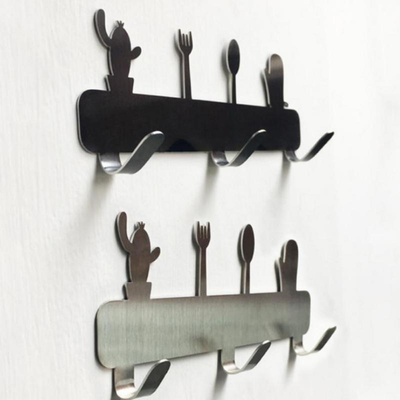 

3 Hooks Kitchen Stainless Steel Wall Bathroom Punching-free Clothes Cactus Tableware Hanger Bathroom Hanging Peg for Key