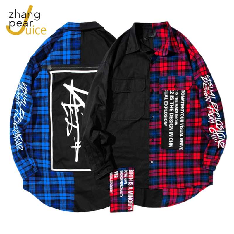 

Men 100% Cotton Harajuku Color Block Plaid Shirt Mens Streetwear Shirts Long Sleeve Male Vintage Korean Fashions Clothes, As shown