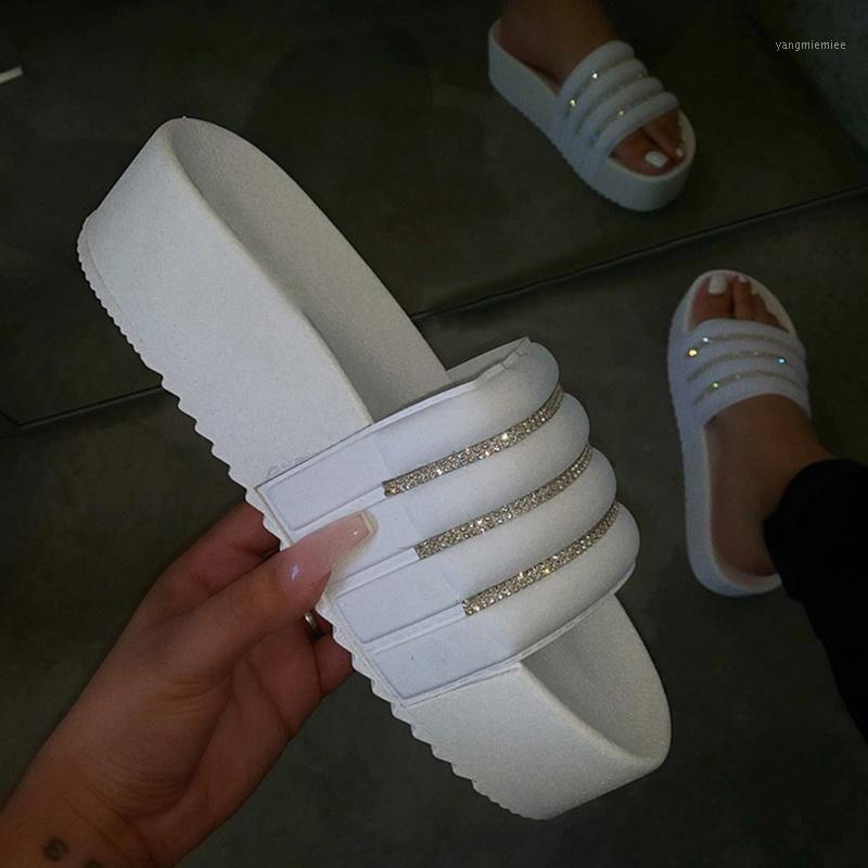 

Puimentiua Outdoor Ladies Slippers Summer women Platform Thick Bottom Rhinestone Slippers Candy-colored Beach Slides Sandals1, Color 1