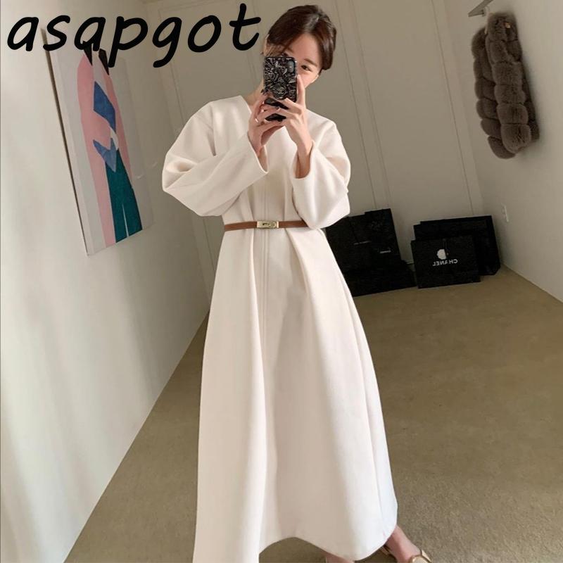 

Casual Dresses Chic Korean Elegant V Neck Loose Waist White Puff Sleeve Woolen Dress Long With Belt Temperament Fashion Retro Vestidos, Black;gray