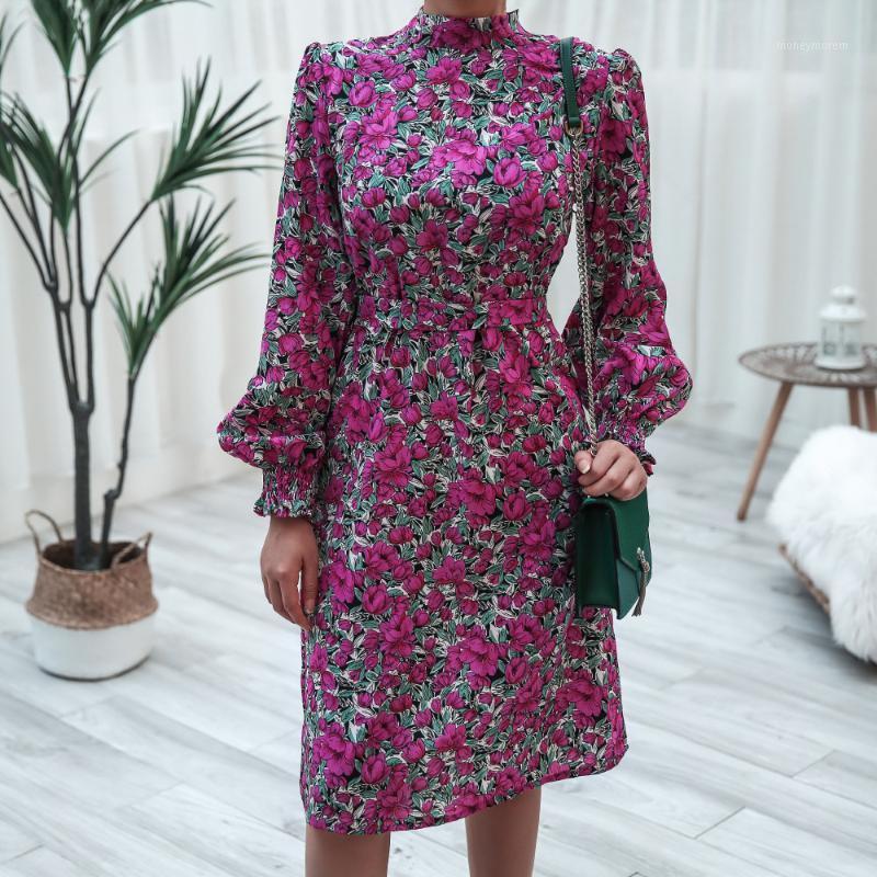 

Women' Casual Elegant Daily Fall Stand Neck Long Sleeve Floral Print Shift Dress Knee Length Loose Dress1, Purple