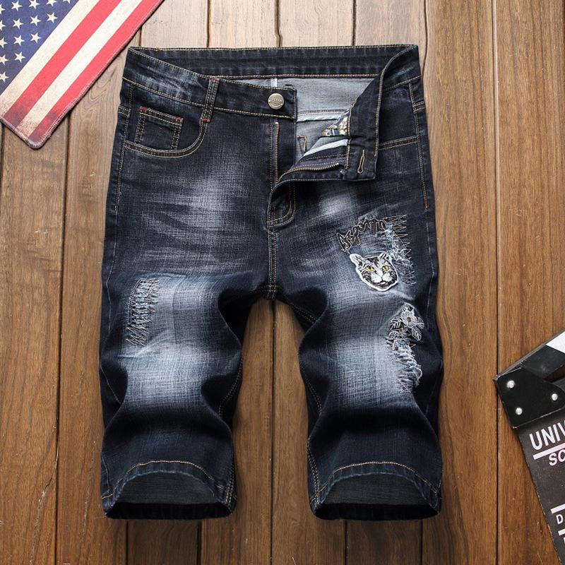 

Straight loose denim jeans summer new men jeans five-point pants embroidered denim shorts dropship, 1327blue