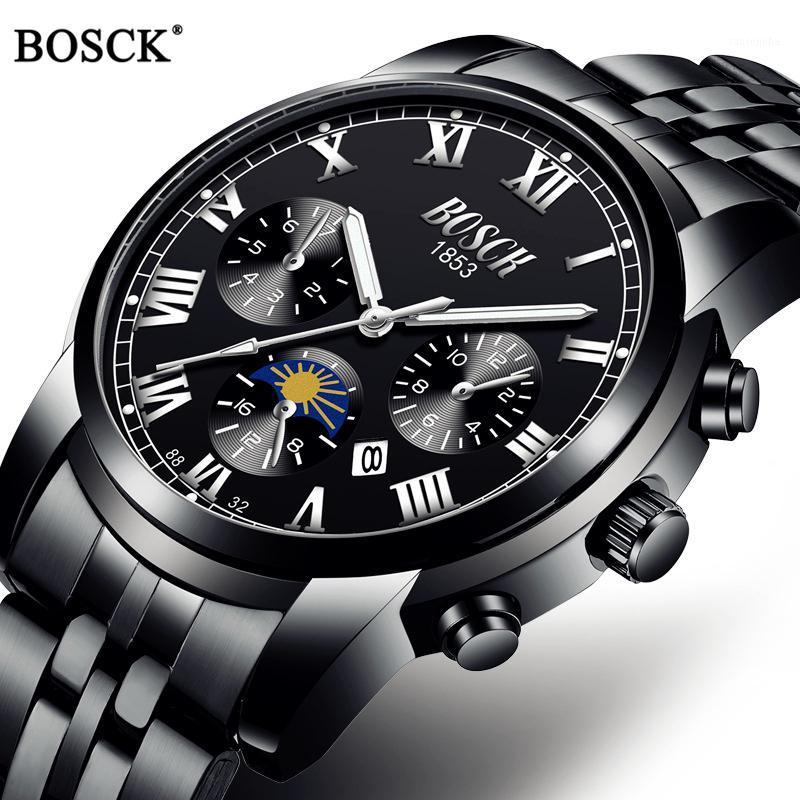 

Wristwatches BOSCK Brand 2021 Luxury Men Watches Sport Quartz Waterproof Classic Men's Stainless Steel Band Auto Date, Black