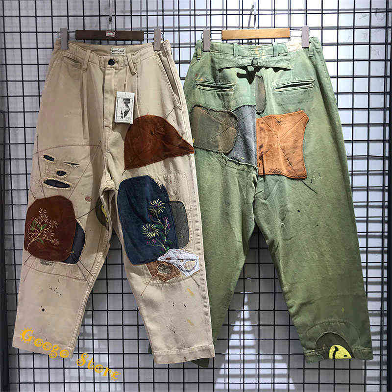 

Skateboard Hip-hop Hole Damage Men Women : High Quality Flowers Patch Kapital Trousers Armygreen Apricot Pants