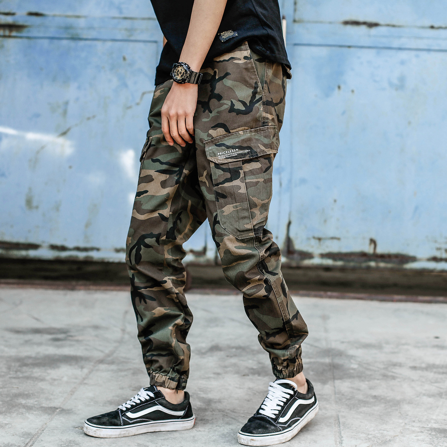 

Can Be Customized Fashion High-quality Camouflage Overalls Men's Straight Leg Waist Multi-pocket Casual Pants Size -38, Black