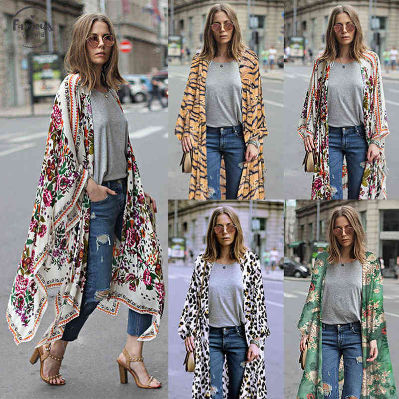 

women chiffon kimono cardigan blouses floral leopard print sleeve asymmetric boho summer long plus size 3xl 5xl cover ups, White