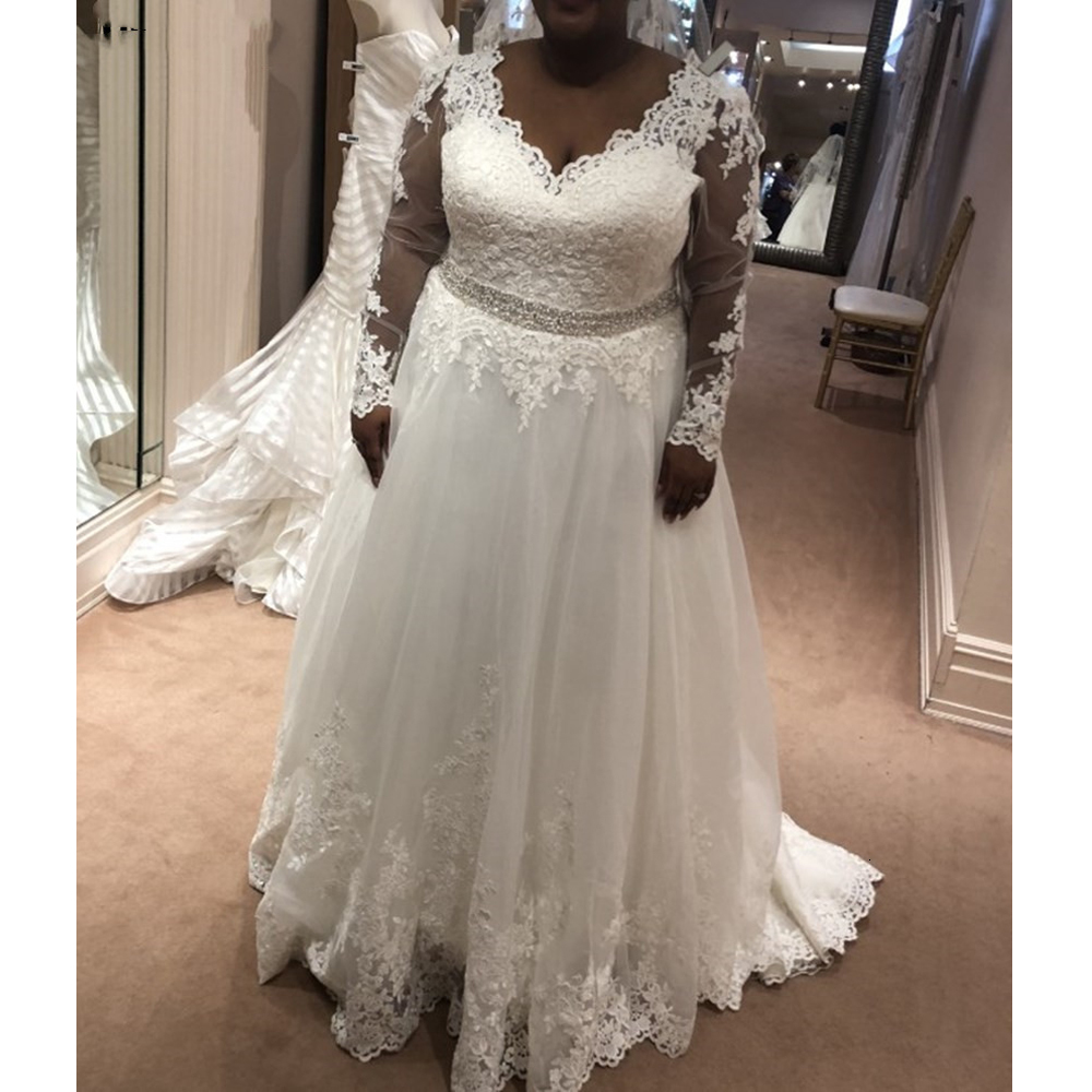 

2021 New African Plus Size V-neck Illusion Sleeves Sweeping Train Rentals Country Wedding Gowns Dressed As Bride S3ZD, Ivory