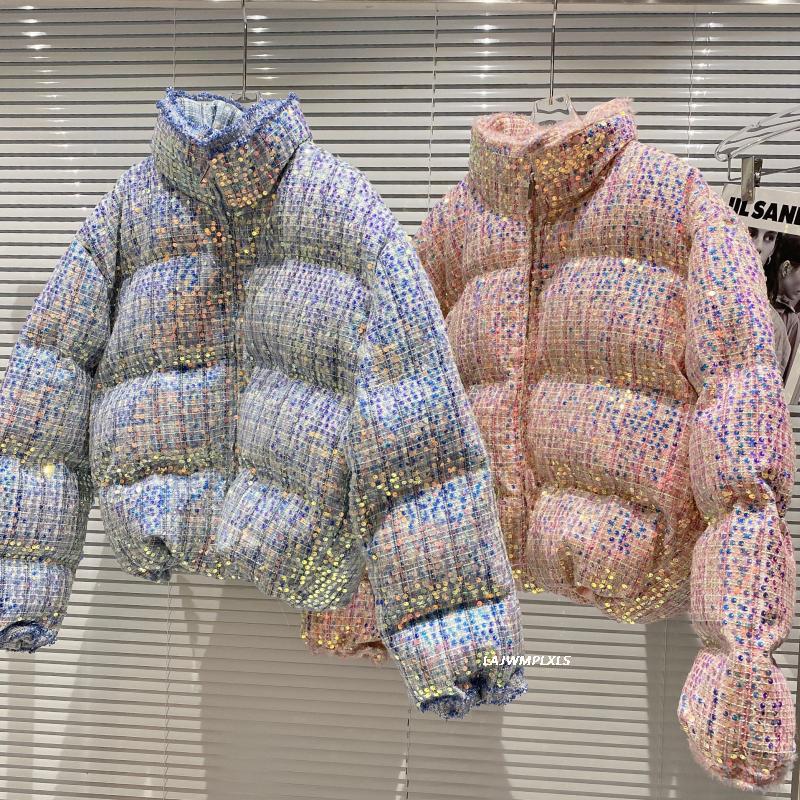 

Short Down Cotton-Padded Jacket for Women European Style 2020 Winter New Fashion Heavy Embroidery Sequins Loose Short Warm Parka, Blue
