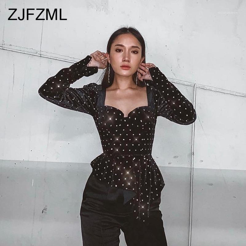 

Shiny Rhinestones Velvet T Shirts Women Square Neck Long Sleeve Slim Elegant Tee Shirt Femme Parties Lace Up Black Irregular Top1