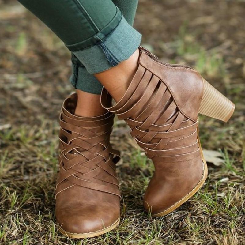 

GOXPACER Autumn Winter Shoes Women Gladiator Ankle Flock Casual Boot Women Thick Heel Fashion Western Plus Size Short Round Toe, Brown