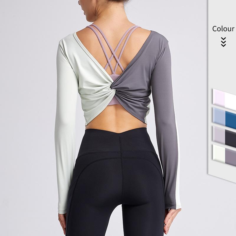 

Long Sleeve Yoga Shirts Women Sportswear Backless Cross Design Crop Top for Fitness Women Open Back Gym Top Female Sport T-shirt, Green and gray