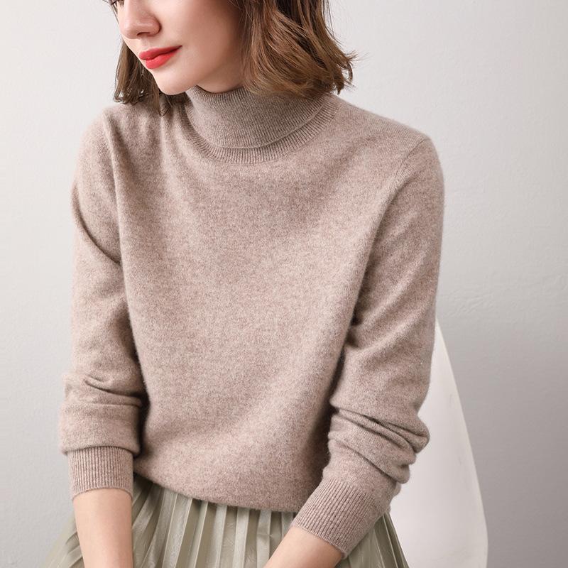 

Sparsil Women Turtleneck 100% Cashmere Sweater Knitted Pullovers Slim Wool Solid Color Ladies Long Sleeve Female Casual Knit, Beige