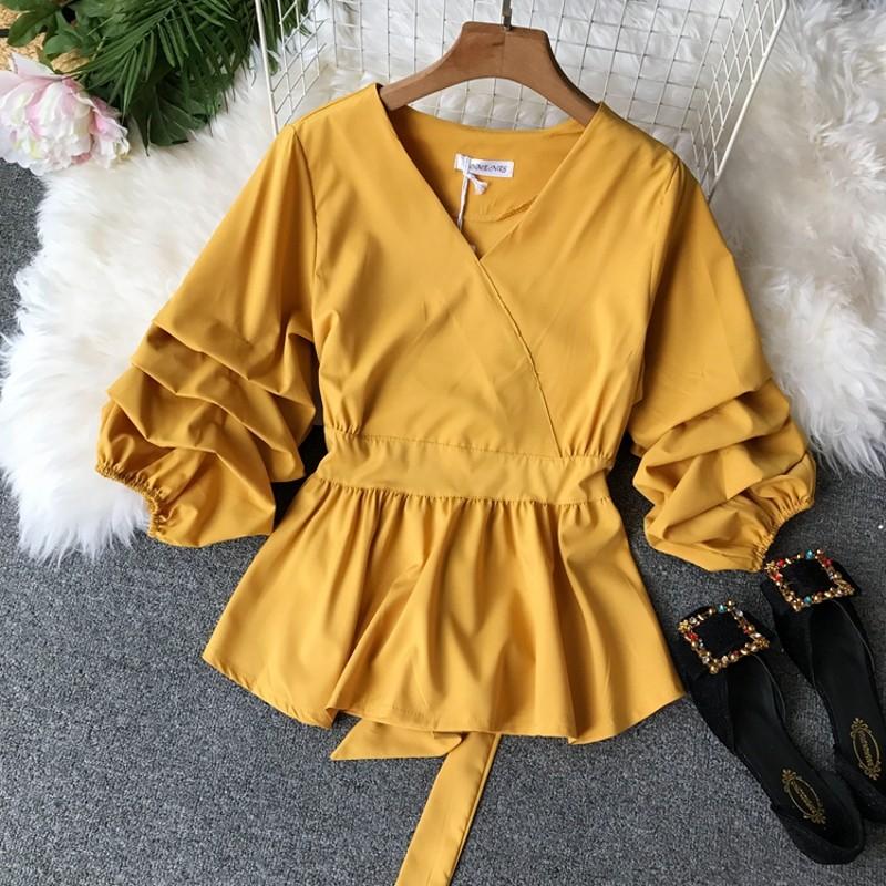 

New Women Blouse V-neck waist pleated hem Lady Shirts Top Femme 0SH120, Black