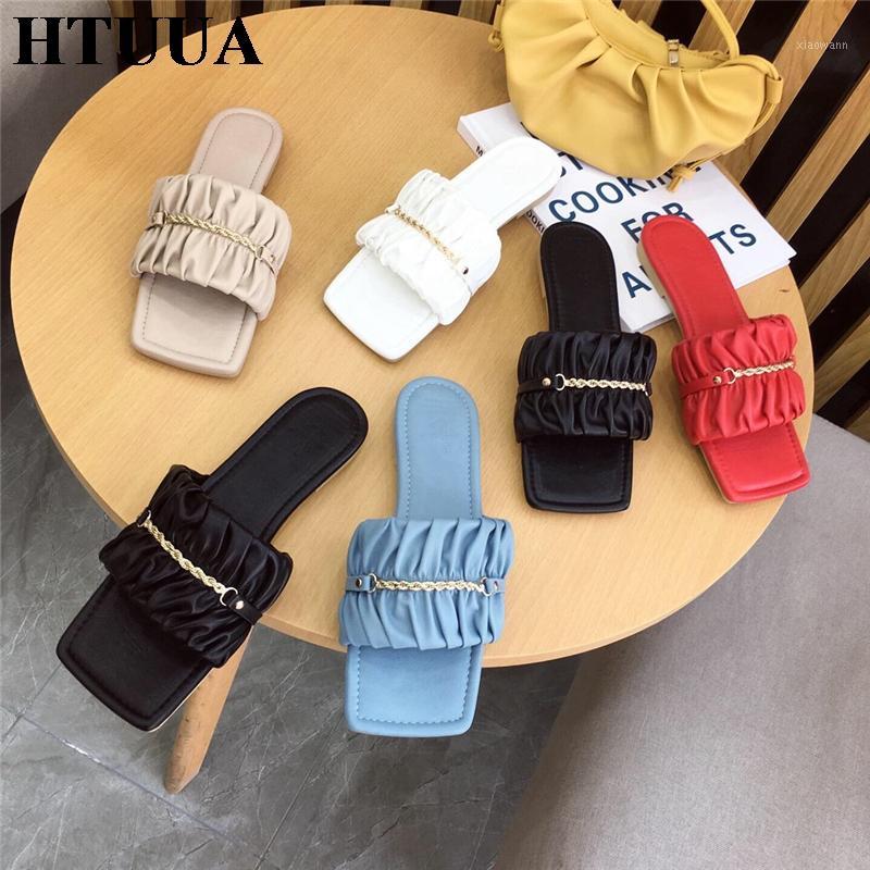 

HTUUA 2020 New Brand Chain Slides Women Square Toe Flat Slippers Casual Summer Beach Flip Flops Candy Color Sandals Shoes SX41761, Apricot a