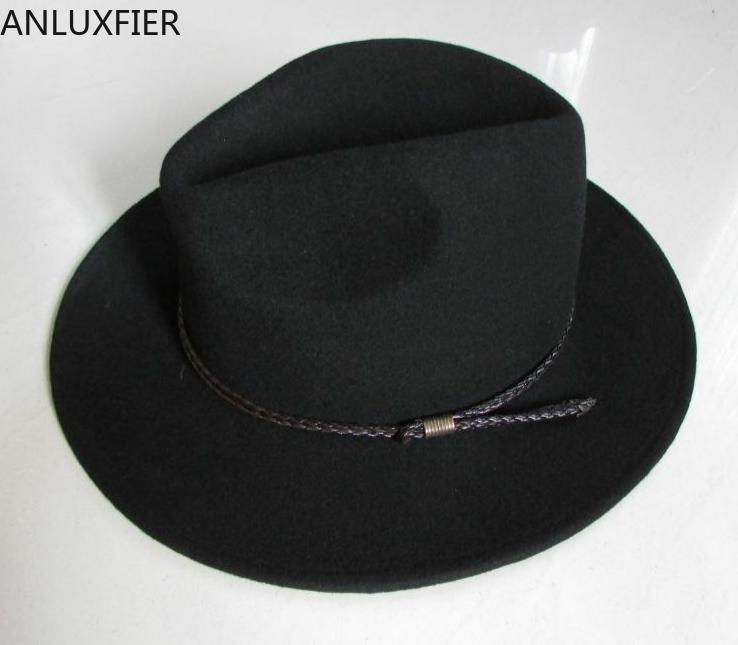 

B-8121 New 100% Wool Waterproof Fedoras Hat Men's Wrinkle-free Equestrian Hat Wide Brim Knight Cowboy Wool Cap Gentleman, Black
