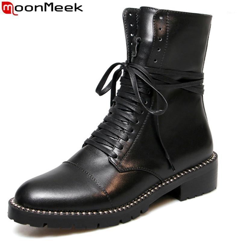 

MoonMeek big size 33-43 fashion autumn winter boots round toe zip lace up genuine leather boots med heels ankle for women1, Black with for