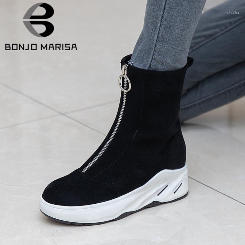 

BONJOMARISA female flock platform mid calf snowboots zipper wedges fashion brand classic boots women casual shoes woman1, Black