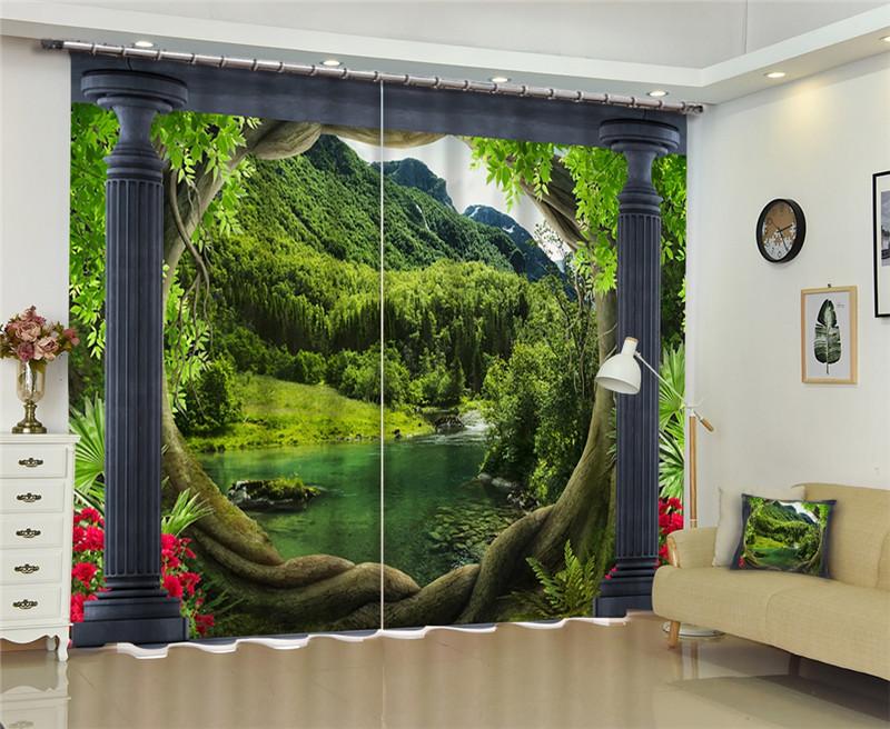 

luxury european style curtains for living room 3D Window Curtain Green landscape Cortina Drapes Rideaux Customized pillowcase, 3d curtains