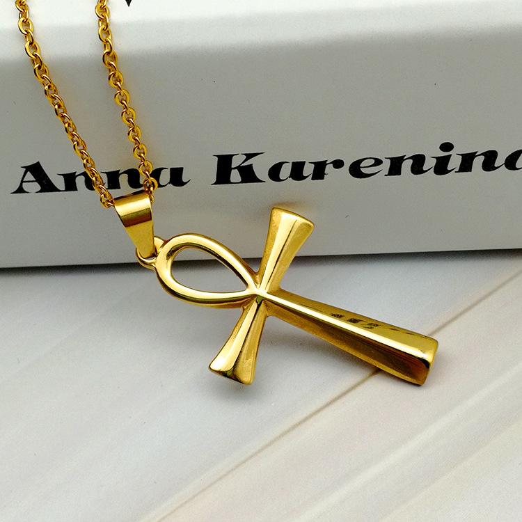 

Gold Cross Pendant Necklace for Men Boy Anka Egypt Glossy Men's Stainless Steel Crucifix Necklaces Egyptian Amulet Male Jewelry