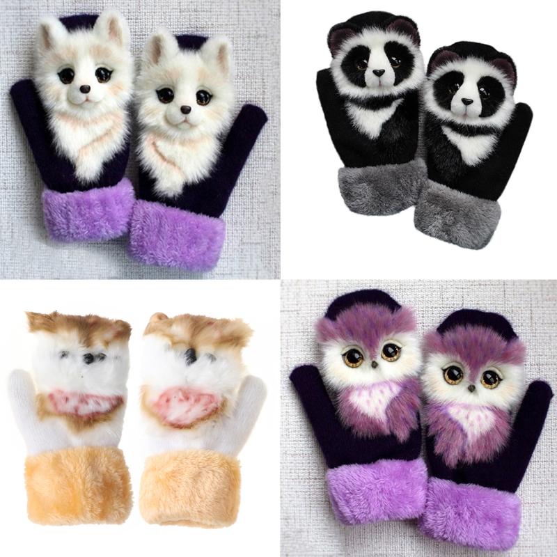 

Women Men Winter Knitted Gloves Cute 3D Fluffy Cartoon Animal Thermal Mittens LX9E