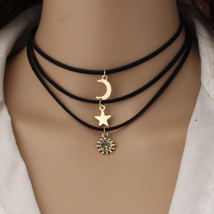 

New Multi-Layer Velvet Band Necklace with Three-Piece Sun Moon and Star All- Short Sweater Necklace for Women Wholesale