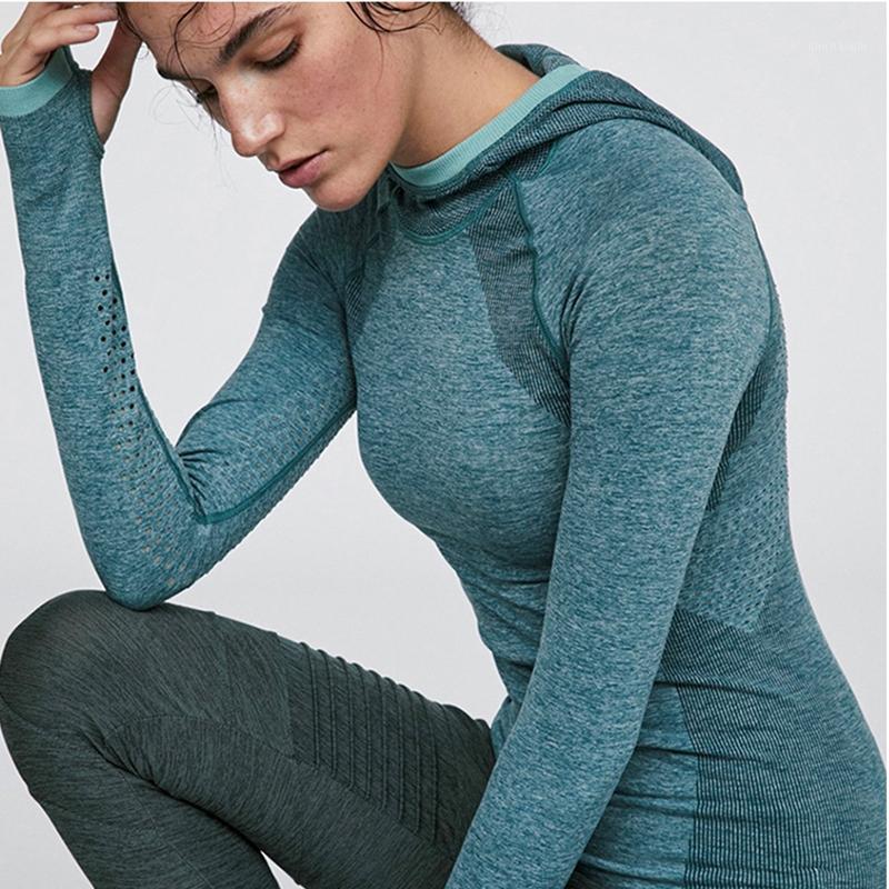 

Quick Dry Hoodie Seamless Sport Shirt Women Fashion Compress Long Sleeve Autumn Yoga Tops Flexible Body Shape Gym Shirts Female1, Green
