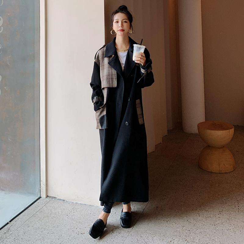 

Women' Trench Coat 2021 Spring Autumn New Long British Style Korean Version Fashion Black Patchwork Slim Lapel Windbreaker L4