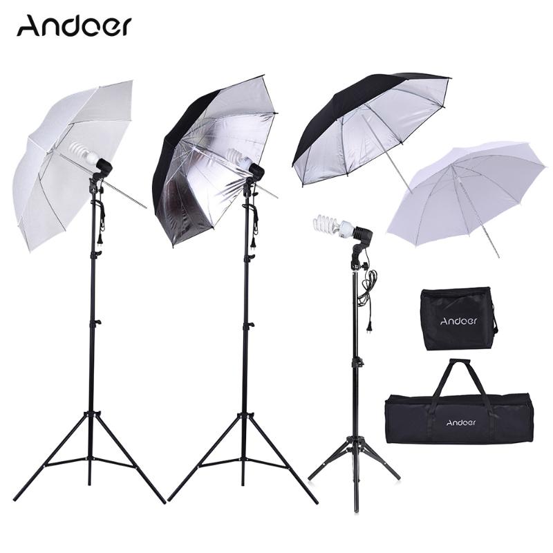 

Andoer Photo Studio Kit Incloud Light Stand Bulb Translucent White Soft Umbrella Black&Silver Umbrella Bulb Swivel Bag