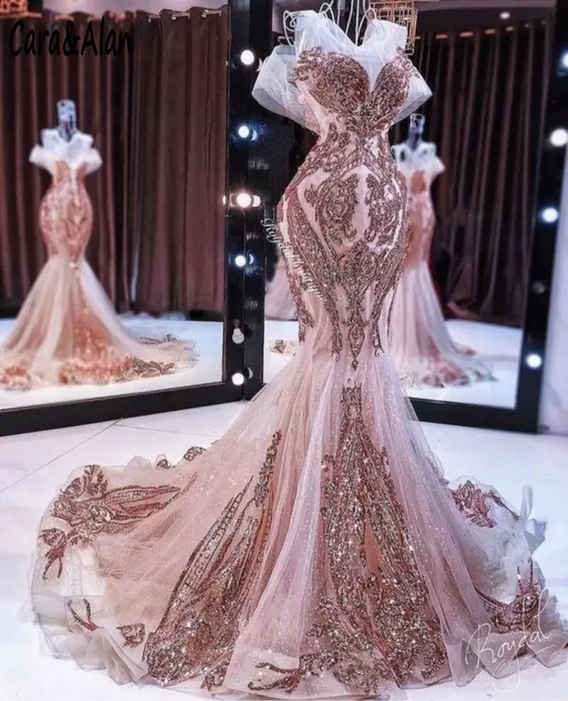 

2022 New rose gold mermaid evening dresses long sparkly sequin appliqué beaded fishtail prom gown robe de soiree CG001