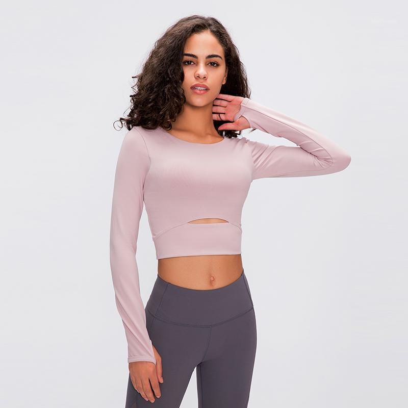 

Women Fitness Yoga Crop Tops Long Sleeve Yoga Shirts Exposed Navel Workout Tops Plus Size Running Sport Shirts Naked Feel1, Pink