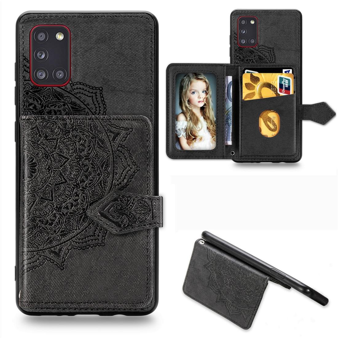 

For Samsung Galaxy A31 Mandala Embossed Magnetic Cloth PU TPU PC Case with Holder Card Slots Wallet Photo Frame Strap