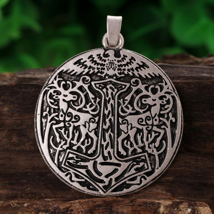 

Antique Silver Odin's Wolf Head with Raven Deer Axe Rune Pendnat Norse Viking Animal Talisman Men's Necklace
