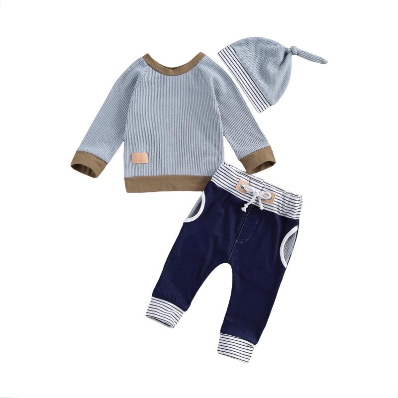 

Children's Three Piece Set Baby's Boy Patchwork Long Sleeve Pullover Striped Pants Pumpkin Hat for Toddlers, Blue