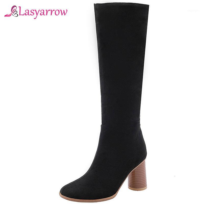 

Lasyarrow Autumn Winter 2020 Fashion High Heels Knight Long Boots Female Flock Knee High Bota Black Ladies Shoes Footwear J10481