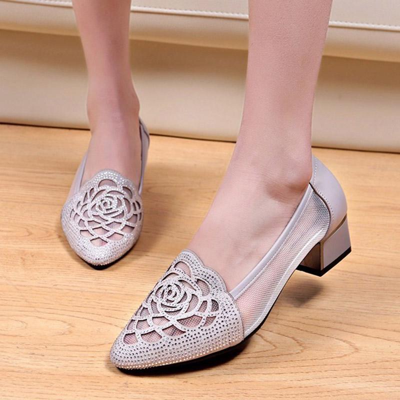 

Plus size 35-42 Women Dress Shoes Mesh Pumps Hollow Outs Boat Shoes Pointed Toe Woman Medium Heels Summer zapatos mujer 75C14, Beige