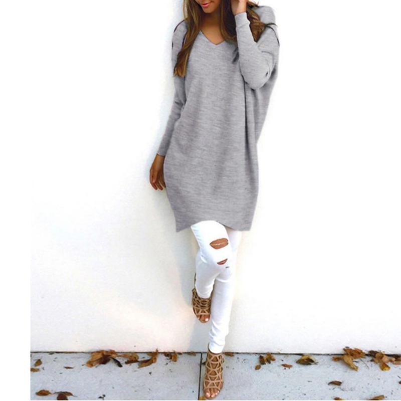 

Autumn Winter Sweater Fashion V-Neck Long-Sleeved Women' Sweater Knitted Long KnittedTop Casual Loose Pullover Solod Color New, Gray