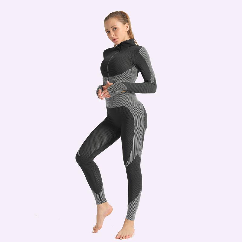 

Front Zipper Top Leggings Set Women Fitness Seamless Gym Sets Sport Yoga Suits Workout Running Female Clothing Knit Activewear1, White black