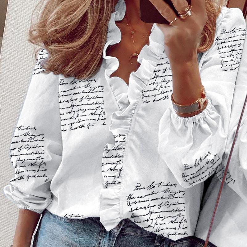 

LaStylisher Fashion Printed V-Neck White Blouse Shirt Tops Women Ruffles Shirt Long Sleeve Casual Plus Size Blouse Streetwear, Green