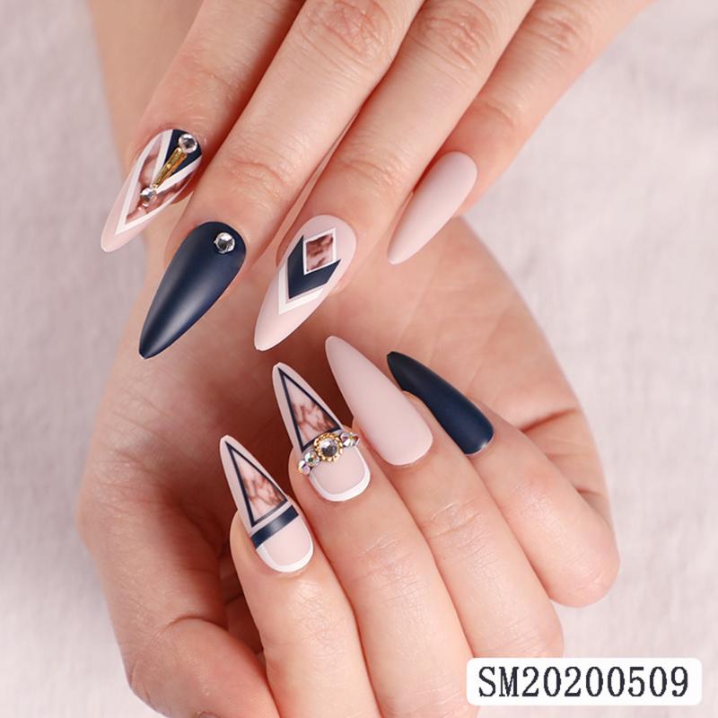 

24pcs Khaki Dye Matte Frosted Fake Nails stiletto Dark Blue Color Pointed Head Long Style Wearable ABS Resin Finished Fingernail, Other