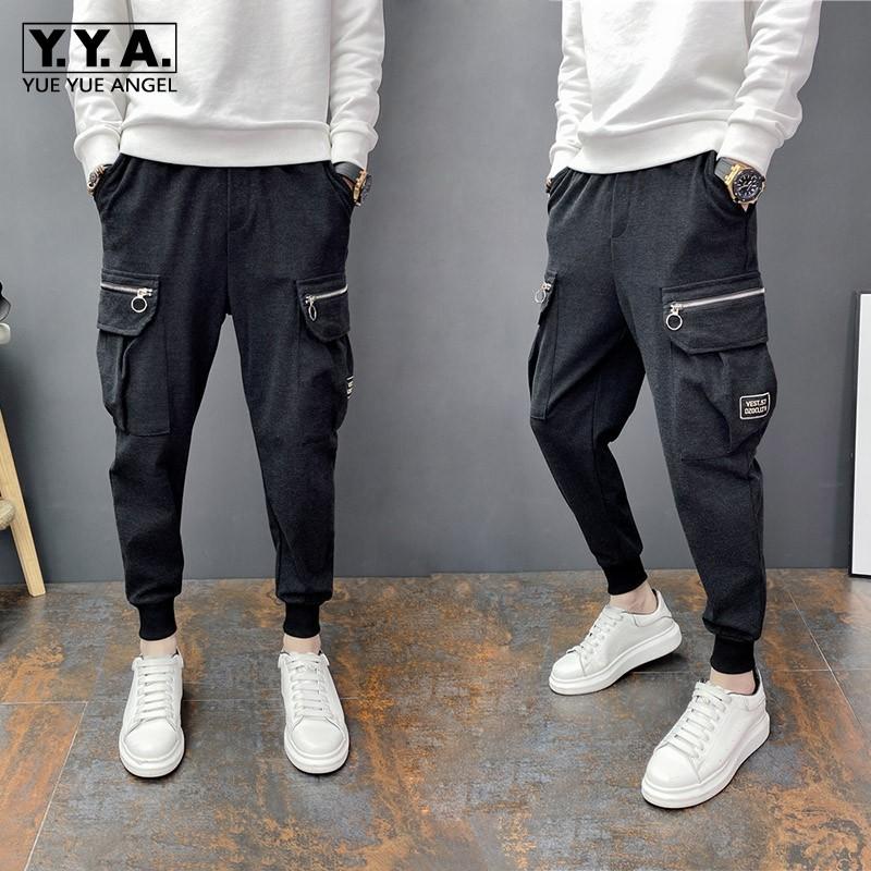 

Black Cargo Pants Ankle Length Drawstring Big Pockets Cotton Sweatpants Men Micro-Elasticity Thicke Loose Autumn Winter Korean