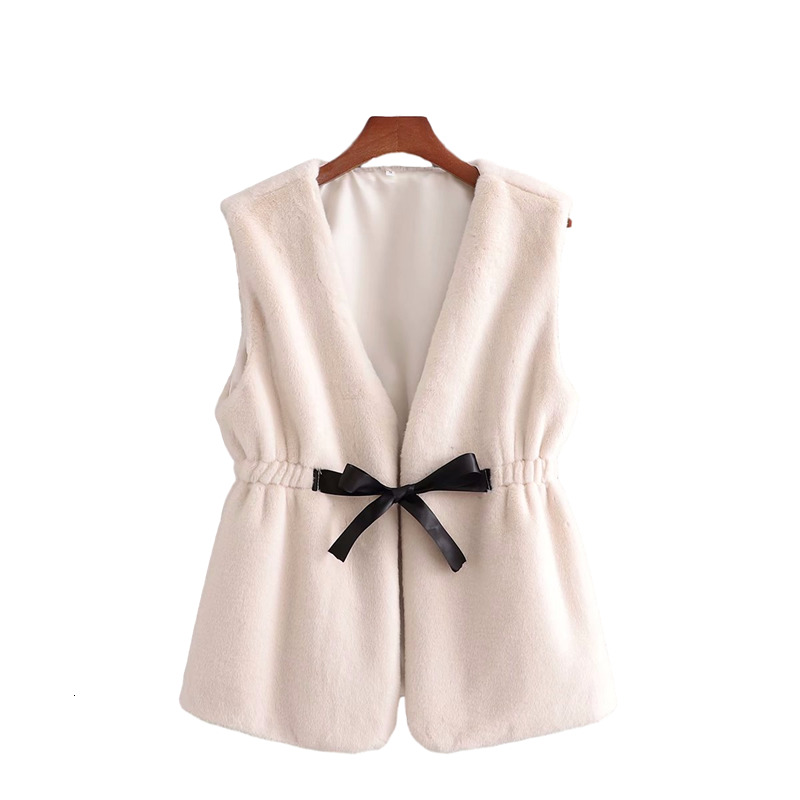 

2021 New Elegant Women Soft Faux Fur Fashion Ladies Solid White V-neck Coats Streetwear Female Chic Bow Sashes Vest 4abl