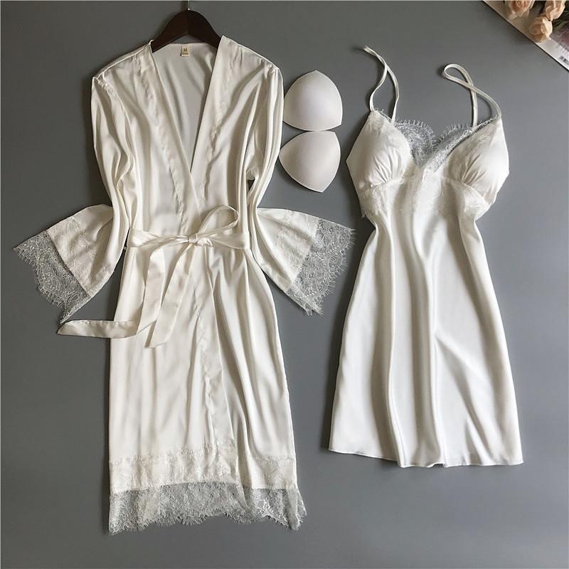 

White V-neck Lace Sexy Lady Nightgown&Robe Set With Bra Bride Bridesmaid Wedding Robe Soild Satin Casual Home Dressing Gown -XL, Black