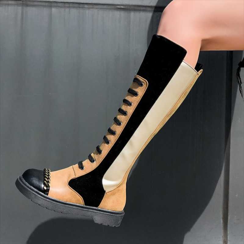 

2020 Big Size 43 Women Knee High Boots Snake Chain Autumn Winter Boots Zip Fashion Low heels Punk Shoes Footwear Female Bota, Beige