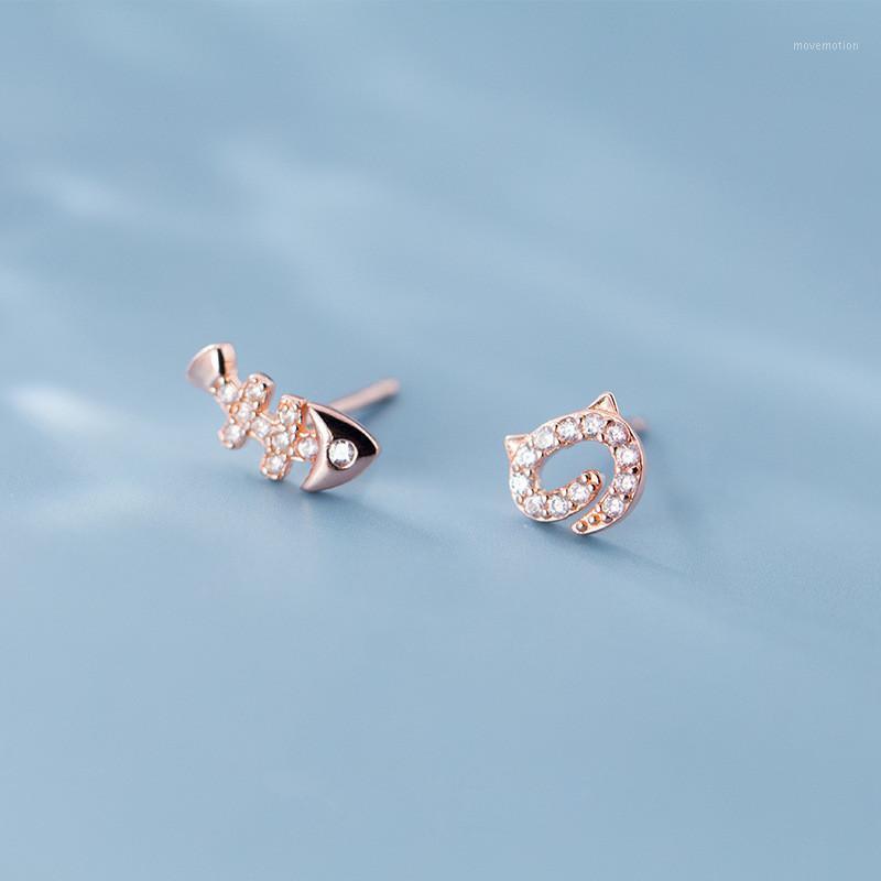 

Simple Small lovely Fish Kitty Inlaid Zircon Asymmetric Stud Earrings Japanese Korean Wind Earrings1