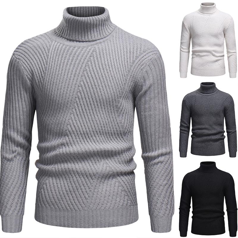 

Men's Fashion Casual High Neck Striped Knit Long Sleeve Sweater, Black