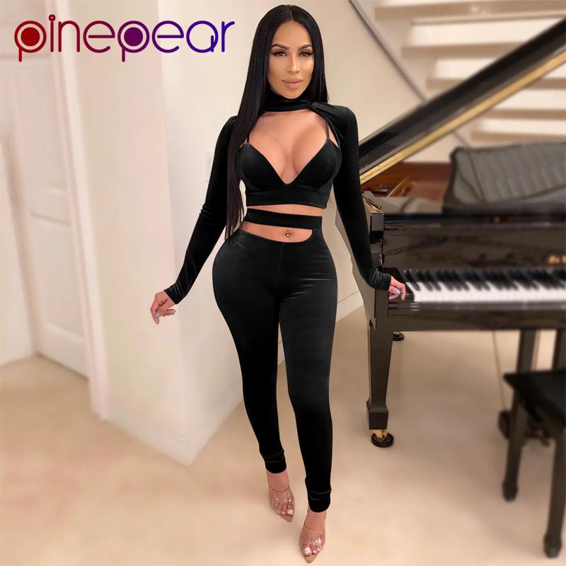 

PinePear Sexy Club Wear Women Winter Velour Tracksuit 2 Piece Sport Set Ladies Velvet Two Pieces Outfits Gym Clothing Wholesale, Black