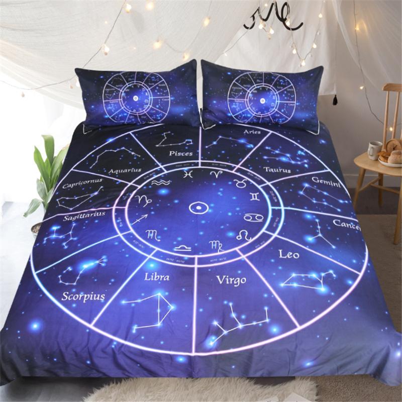 

12 Constellations Bedding Set Luxury Dreamy Starry Sky Printed Duvet Cover Set Queen King Universe Bedclothes 3Pcs Home Textiles, As picture