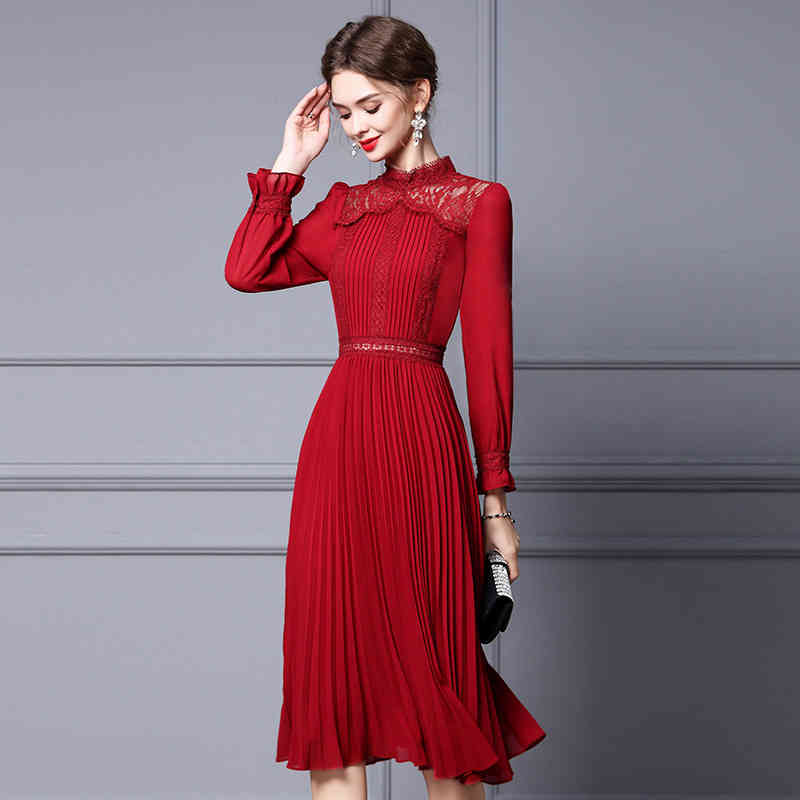 

Casual Dresses Zhili long sleeve dress is slim at the waist. autumn French romantic lace medium pleated skirt 31SW, Wine
