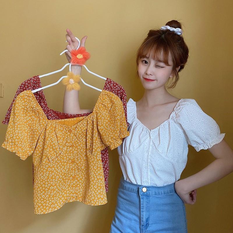 

korean elegant floral print women blouse Vintage lantern sleeves sweet ladies New shirts Single-breasted Casual femme tops modis