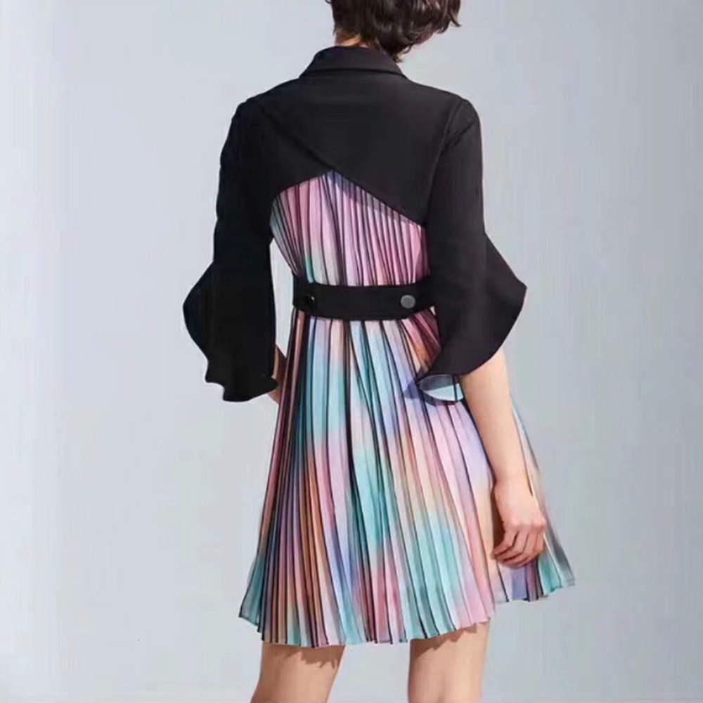 

Runway Boutique Chiffon Plissado Mini Women Entitled Collar Personality High Street Female Double Breasted Dressed F52e, Black